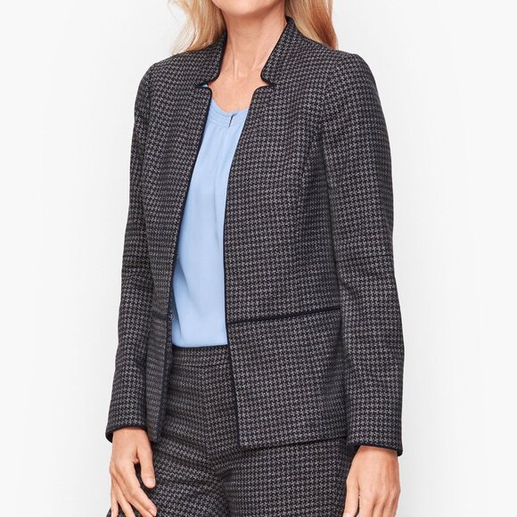 Talbots Stretch Houndstooth Tweed Blazer Jacket 12 Stand Collar Navy Blue Career - Picture 1 of 11